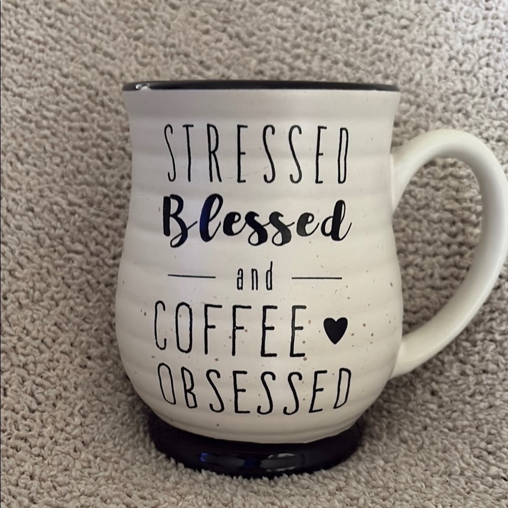 White Ceramic Coffee Mug “Stressed Blessed and Coffee Obsessed” NWT
